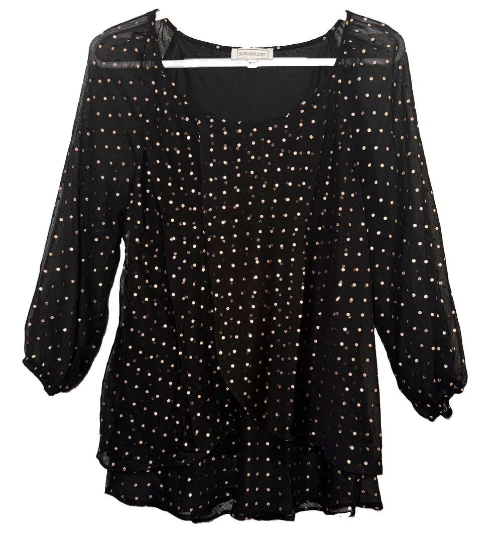 Blousology Women’s M Black Metallic Gold Polka Dot Sheer Sleeve Ruffle Blouse